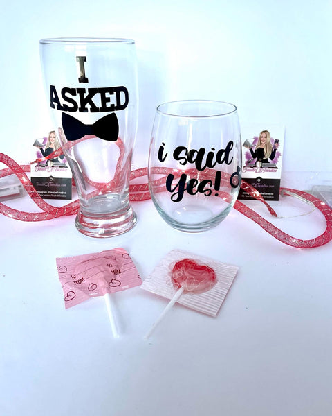 Personalized Engagement Gift for Couple, Engagement Gift Set, I Asked I Said Yes Beer and Wine Glass, Just Engaged Gift, Bride to Be Gifts