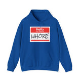 Offensive Name Tag Hoodie — "Hello My Name Is WHORE" Graphic Hoodie