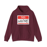 Offensive Name Tag Hoodie — "Hello My Name Is WHORE" Graphic Hoodie