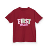 First Grade Kids T‑Shirt — Pastel 'FIRST grade' Back-to-School Tee