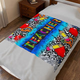 Teacher Velveteen Plush Blanket — Colorful Pop Art Hearts, Pencils & Leopard Throw