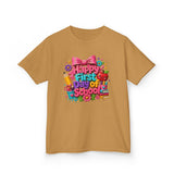 Kids Tee — "Happy First Day of School" Colorful Back-to-School Shirt