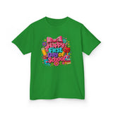 Kids Tee — "Happy First Day of School" Colorful Back-to-School Shirt