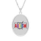 Autism Awareness Oval Pendant Necklace — "Proud" Colorful Word Jewelry