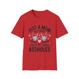 'Just a Mom Out Here Trying Not to Raise Assholes' T-Shirt — Funny Mom Tee